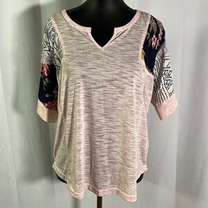 Kori Pink Space Dyed Patchwork Split Neck Oversized Short Sleeve Top